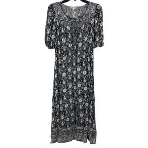 Lucky Brand Maxi Long Dress Floral Gray XS 3/4 Sleeve Boho Prairie Romantic